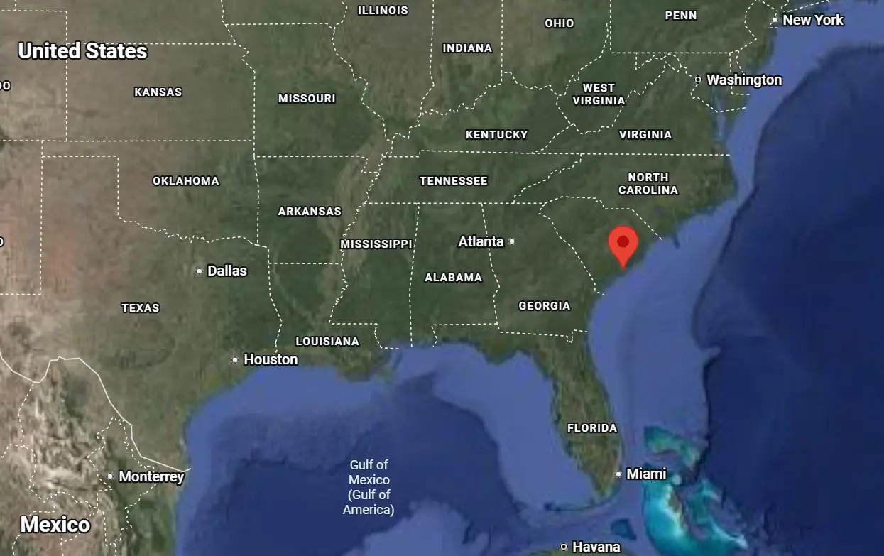 Where is the city of North Charleston, South Carolina, located on the map of the USA?