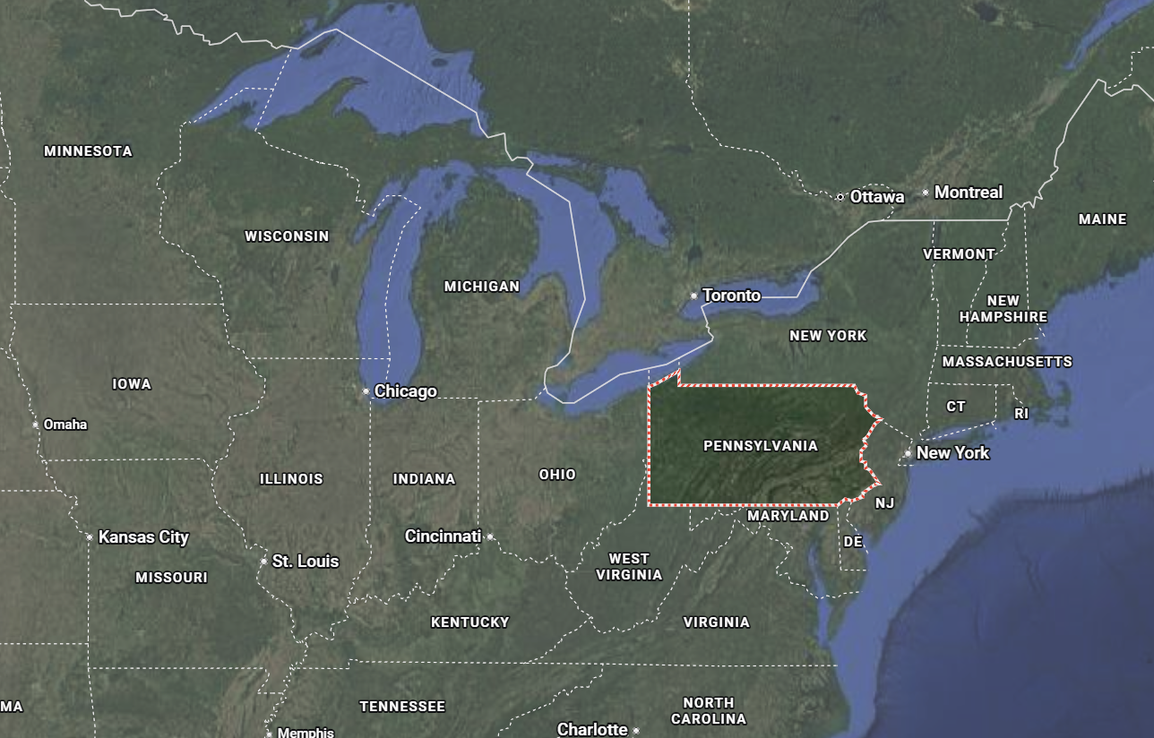 Where is Pennsylvania located on the map of America?