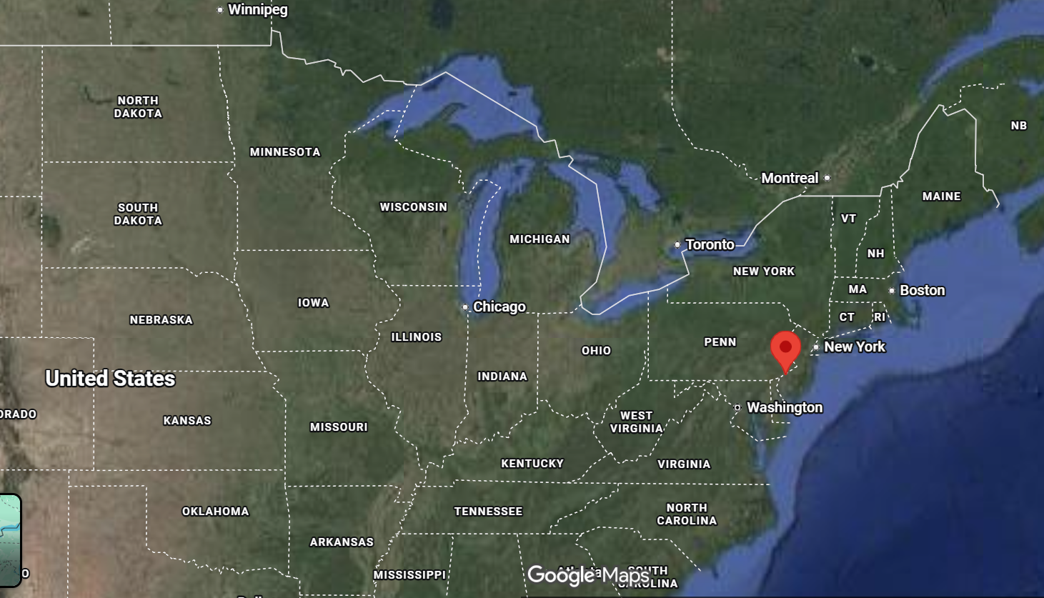 Where is the city of Philadelphia, Pennsylvania, located on the map of the USA?