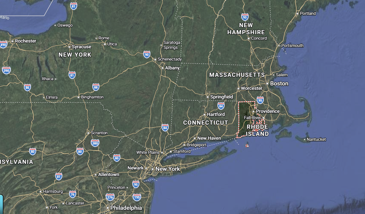 Where is Rhode Island located on the map of America?