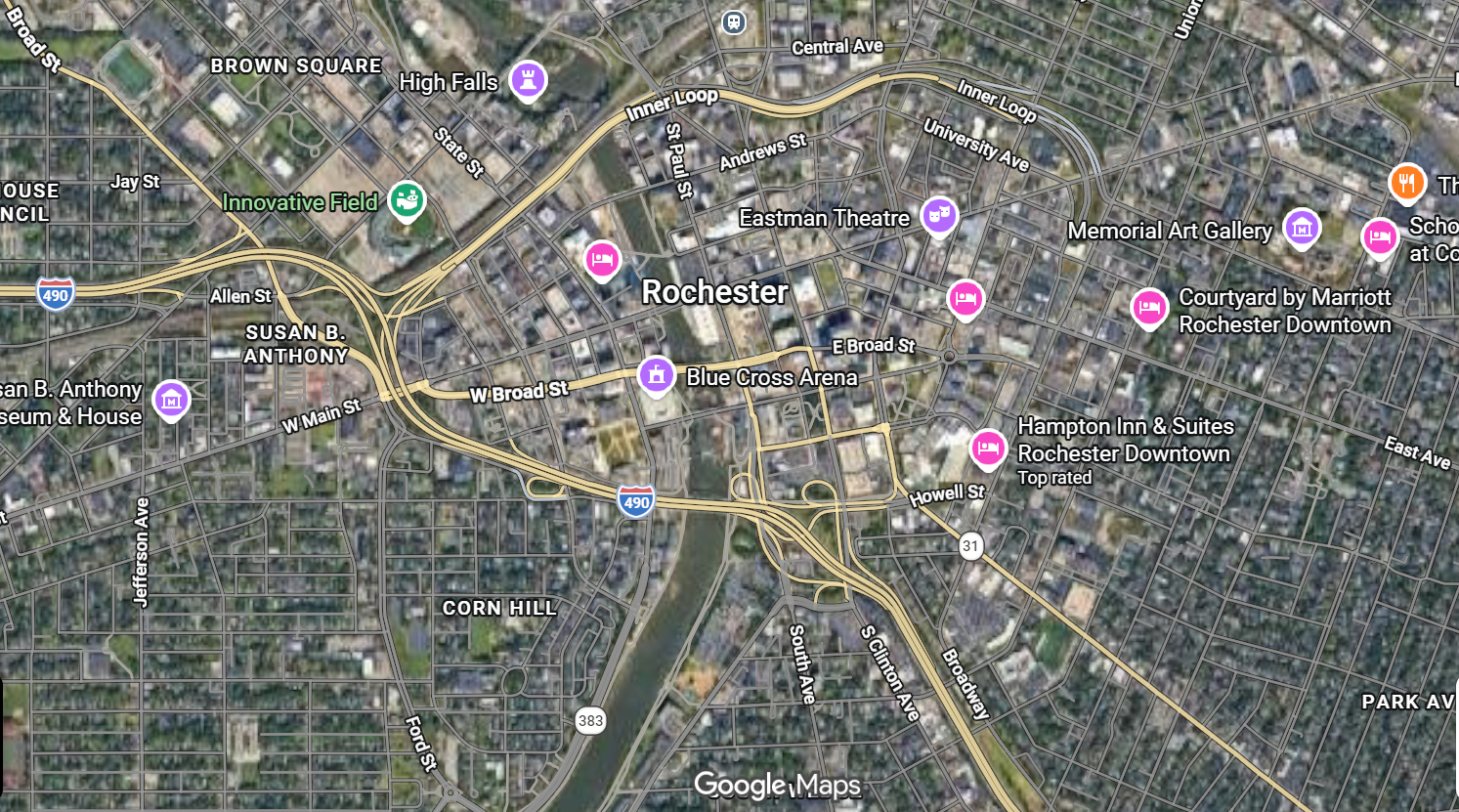 Street map of Rochester, New York with points of interest
