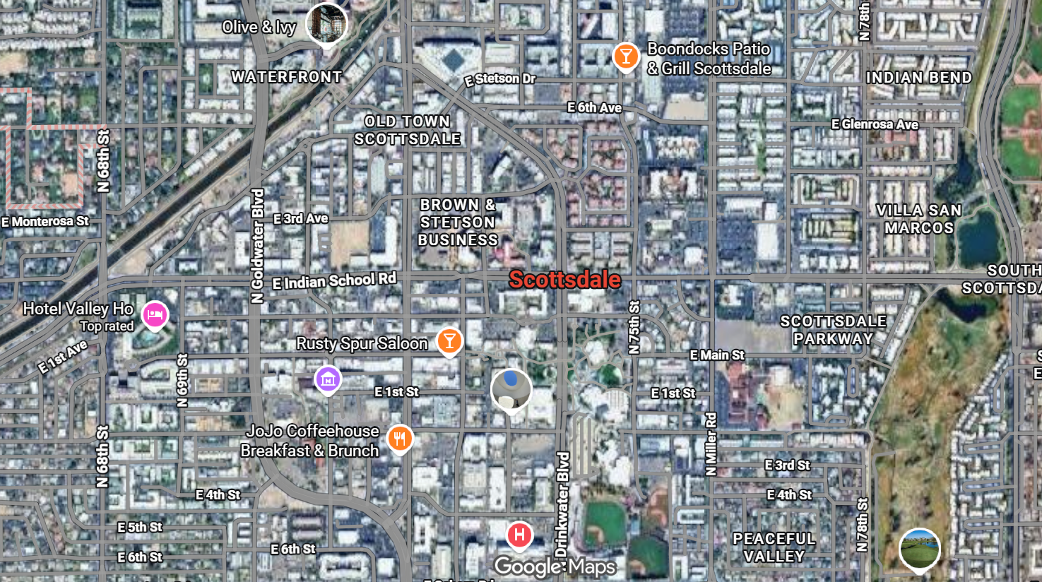 Street map of Scottsdale, Arizona with points of interest