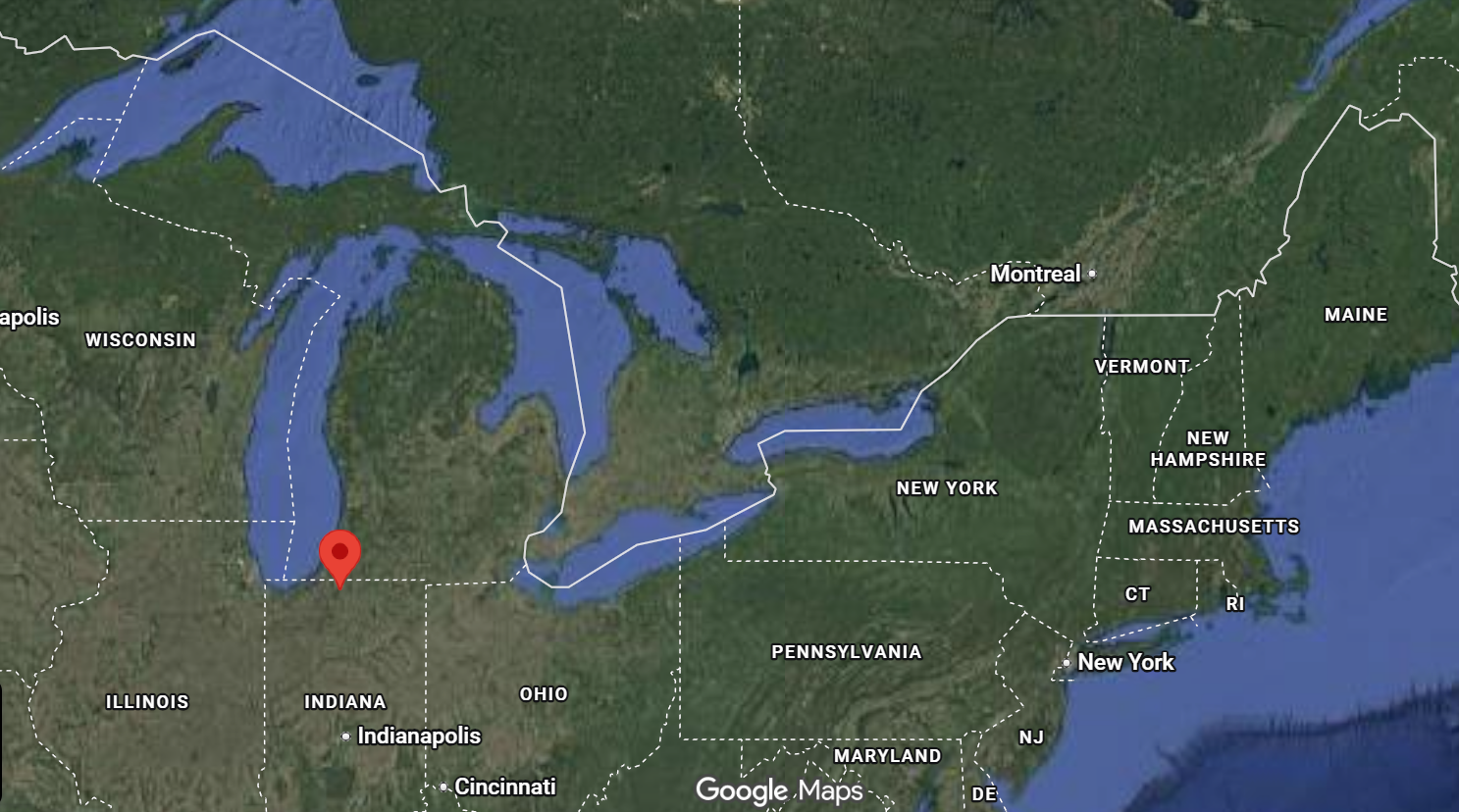 Where is the city of South Bend (Indiana) located on the map of the USA?