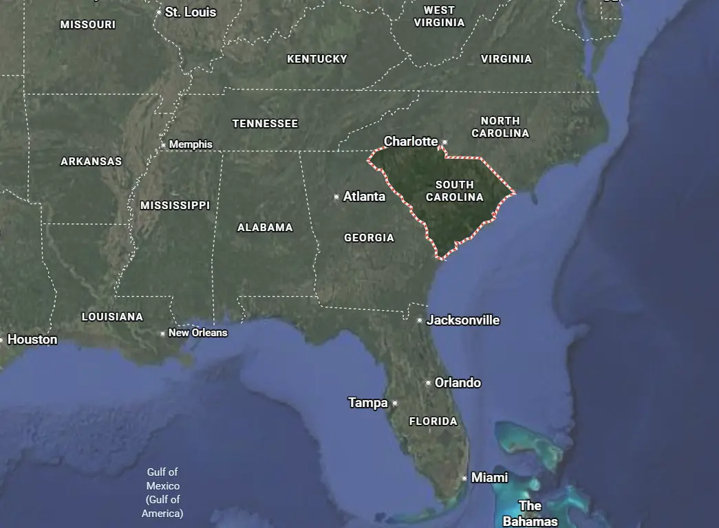 Where is South Carolina located on the map of America?