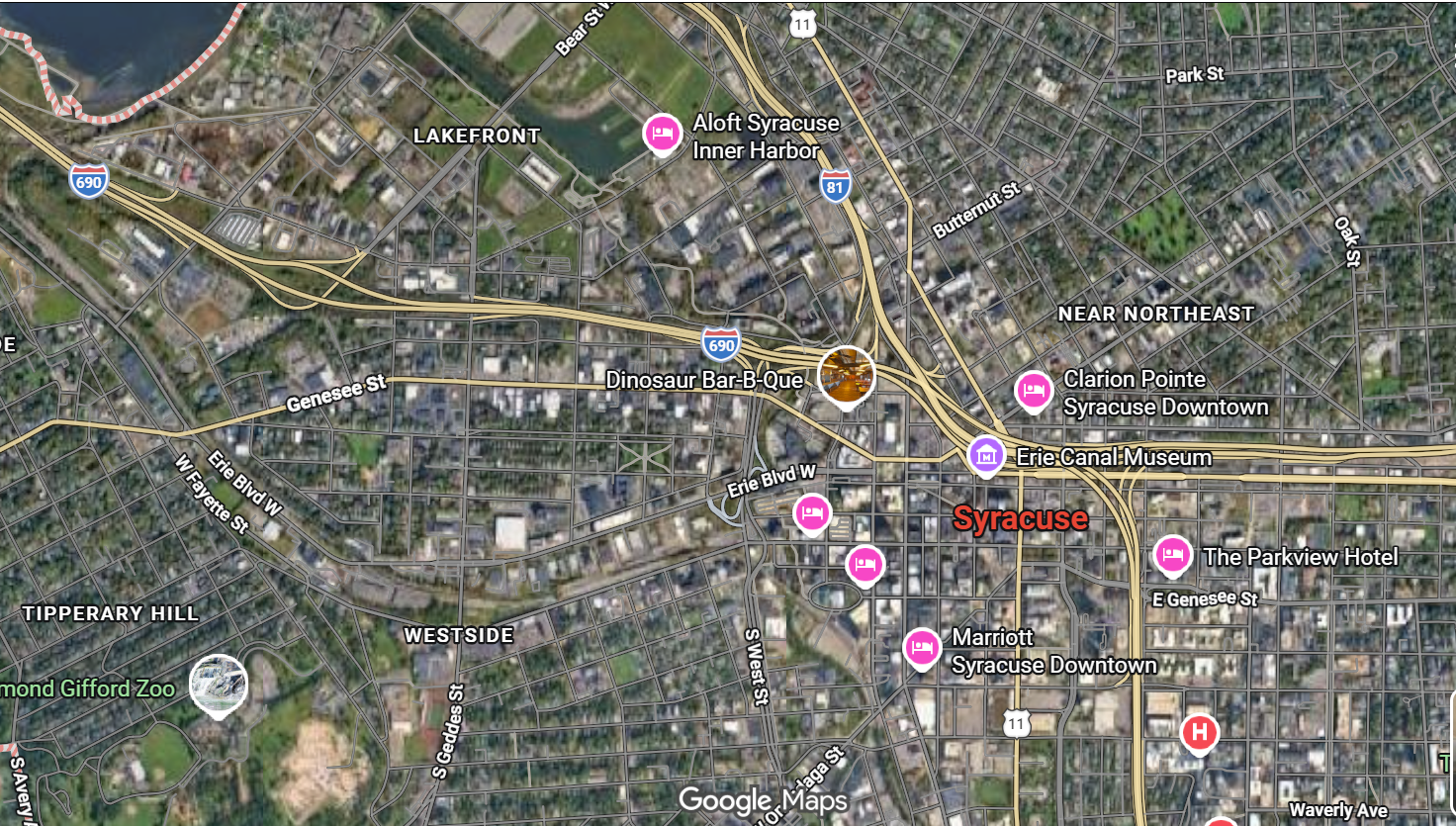 Street map of Syracuse, New York with points of interest