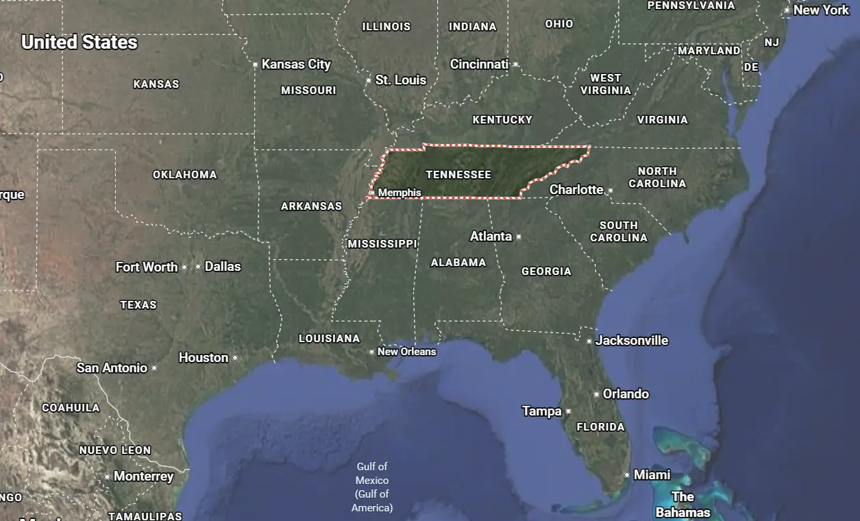 Where is Tennessee located on the map of America?