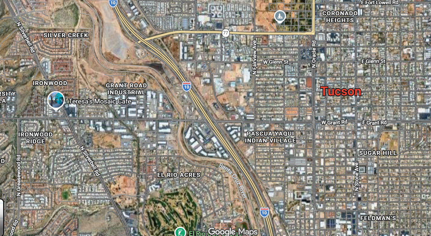 Street map of Tucson, Arizona with points of interest
