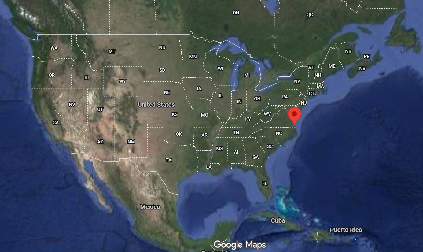 Where is the city of Virginia Beach, Virginia, located on the map of the USA?