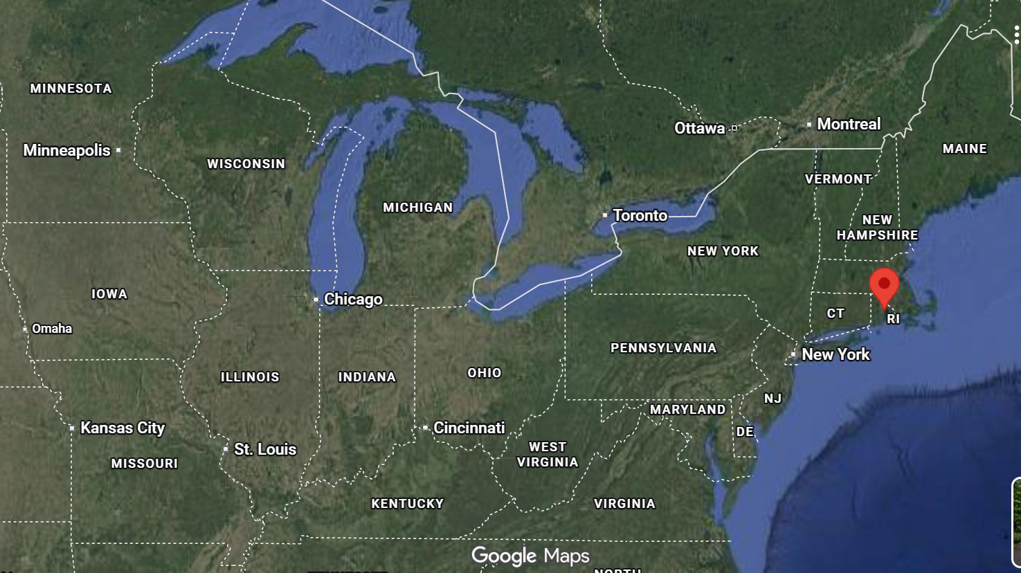 Where is the city of Warwick, Rhode Island, located on the map of the USA?