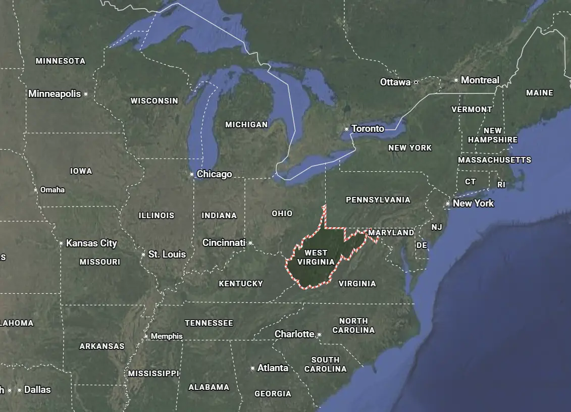 Where is West Virginia located on the map of America?