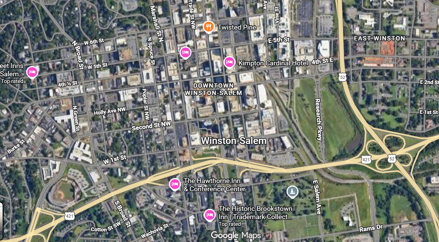 Street map of Winston-Salem, North Carolina with points of interest