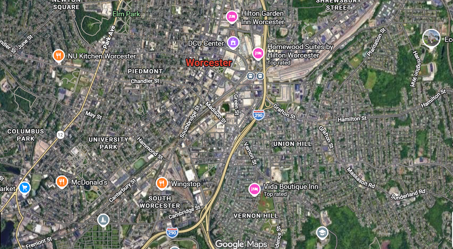 Tourist map of downtown Worcester, Massachusetts